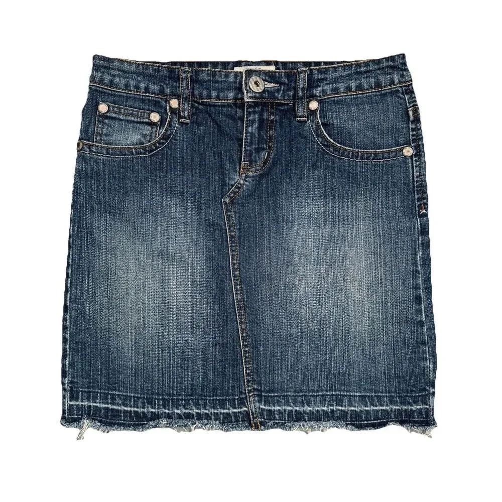 SO Denim Skirt 3 (28x17) Blue Jeans Denim Stretch Embroidered Raw Hem Above Knee